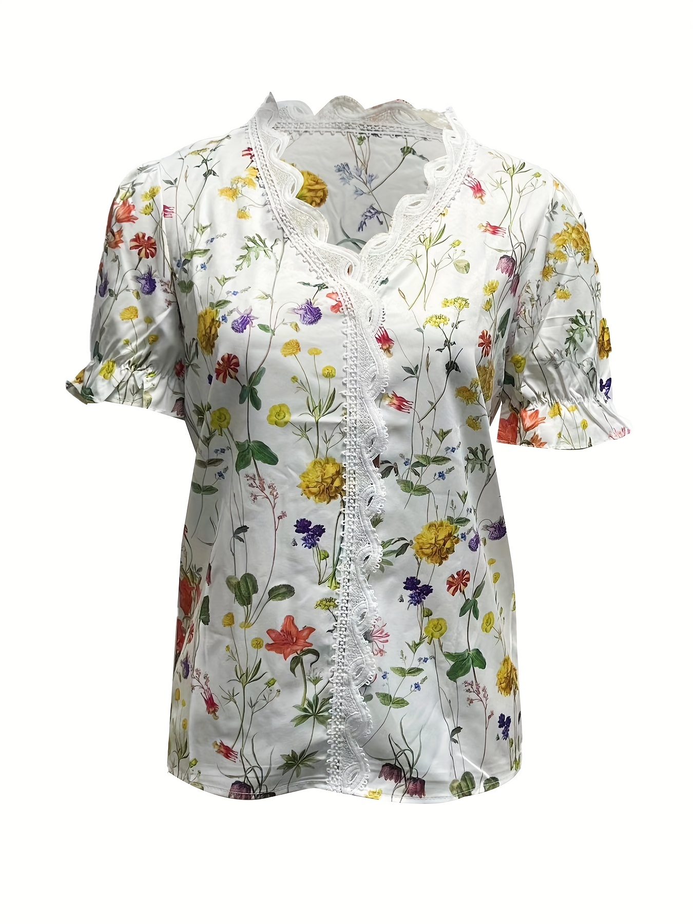 floral print contrast lace blouse casual v neck short sleeve summer blouse womens clothing details 1