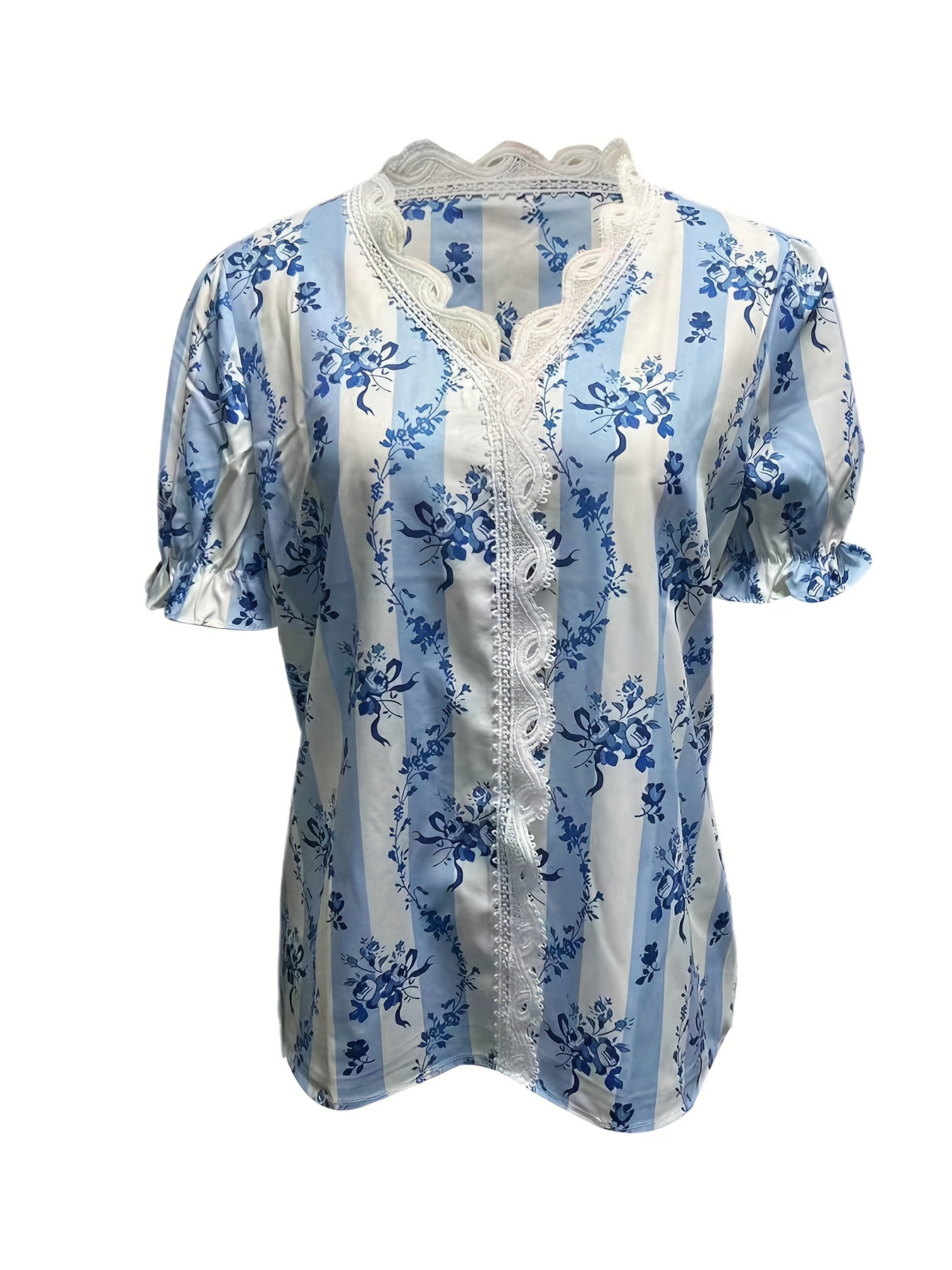 floral print contrast lace blouse casual v neck short sleeve summer blouse womens clothing details 7