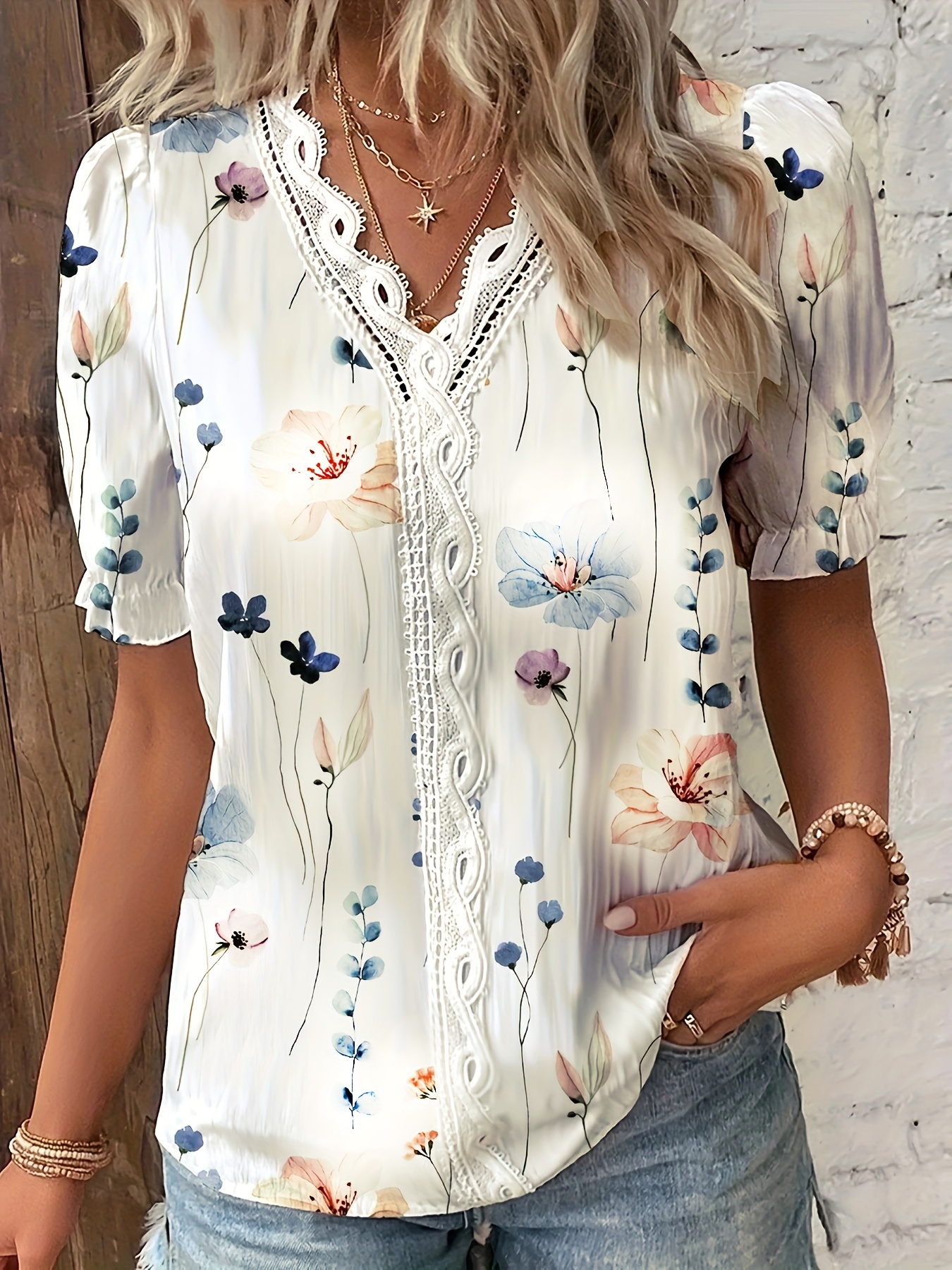 floral print contrast lace blouse casual v neck short sleeve summer blouse womens clothing details 9