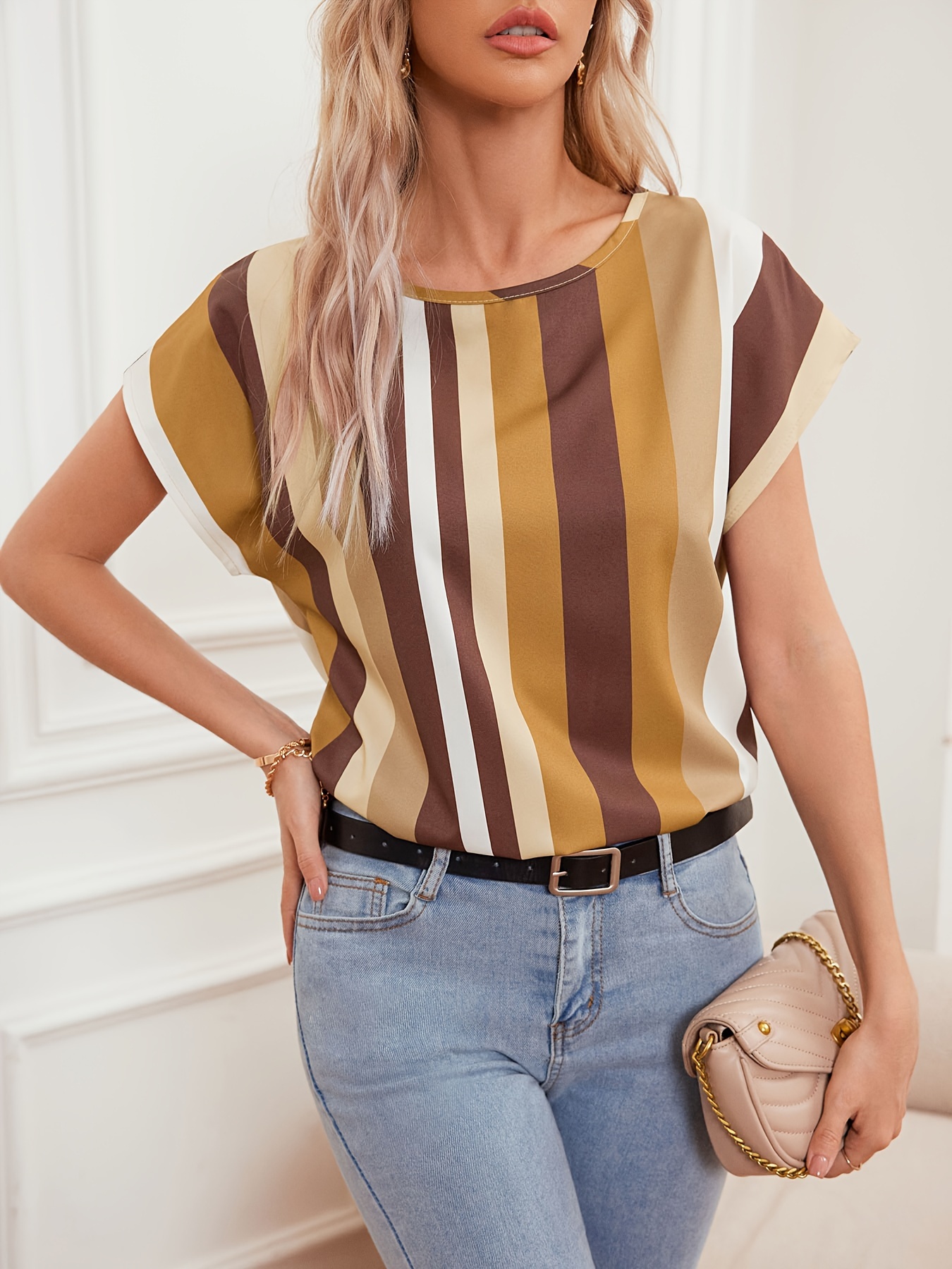 striped short sleeve t shirt elegant casual top for summer spring womens clothing details 2