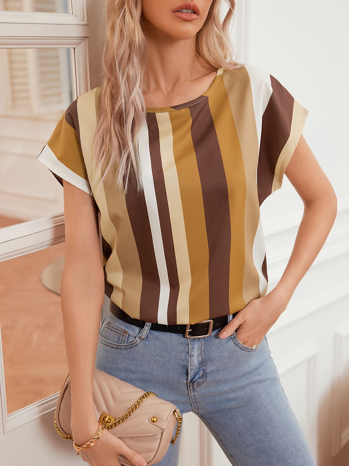 striped short sleeve t shirt elegant casual top for summer spring womens clothing details 3