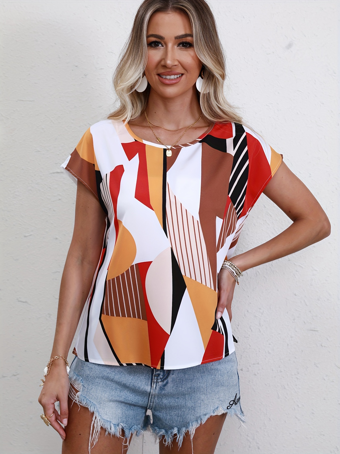 geometric print crew neck blouse casual short sleeve blouse for spring summer womens clothing details 4