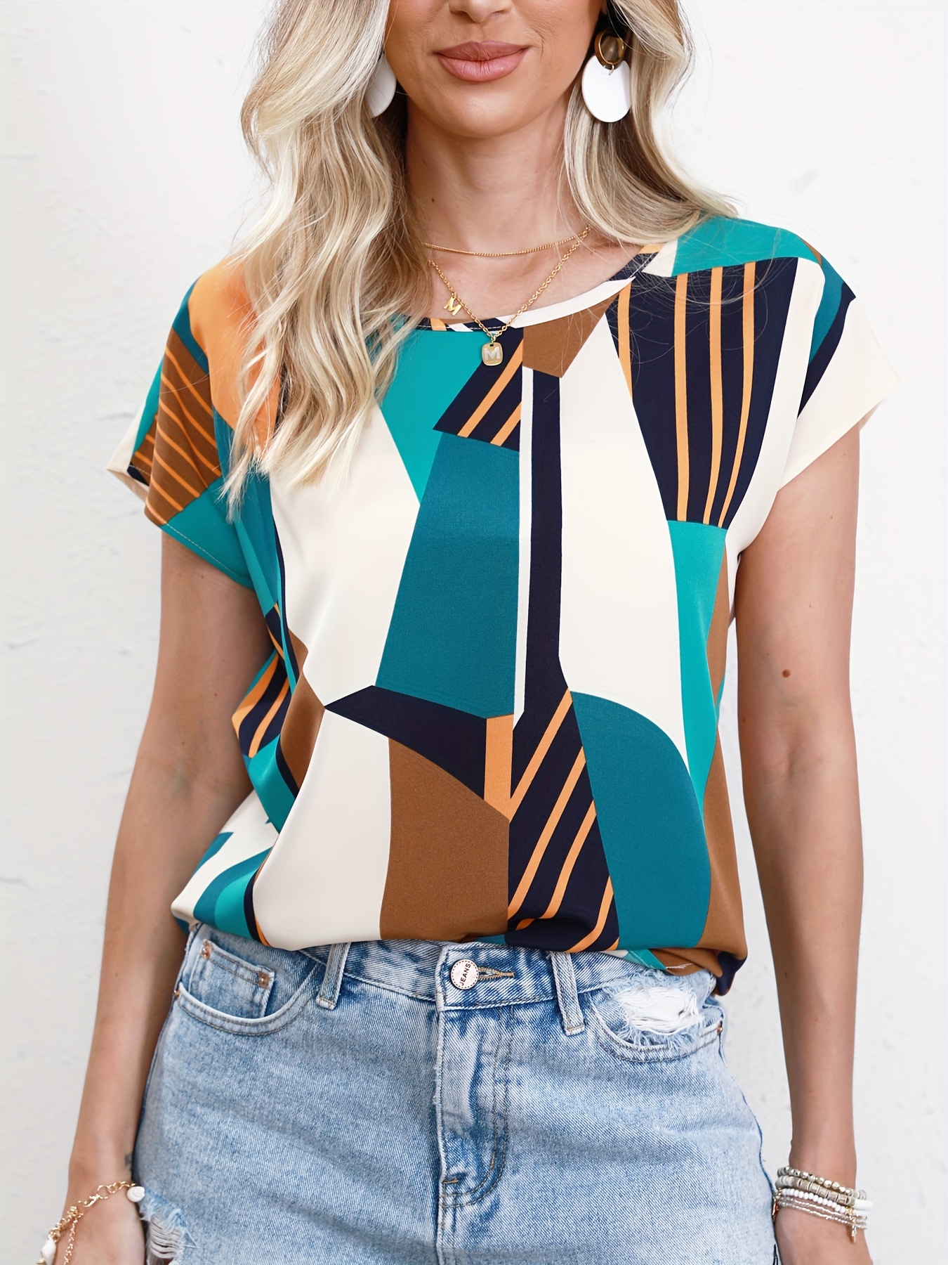 geometric print crew neck blouse casual short sleeve blouse for spring summer womens clothing details 5