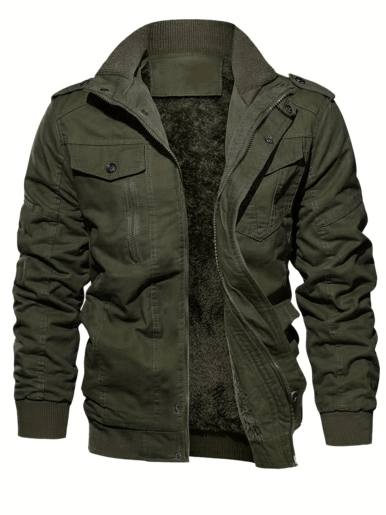 mens casual warm fleece lined cargo jacket chic retro bomer jacket with pockets details 0