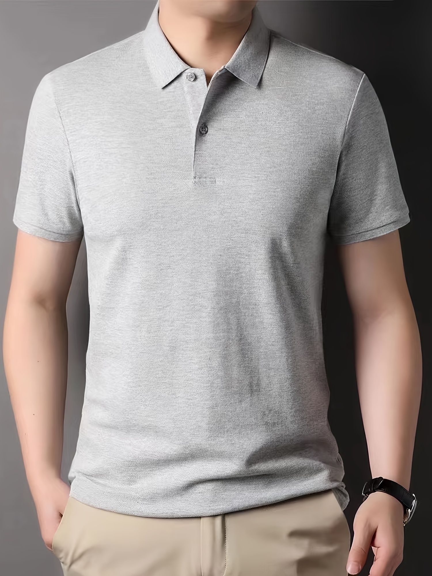 solid casual mens slim fit cotton comfy short sleeve lapel golf shirt summer mens clothing details 4