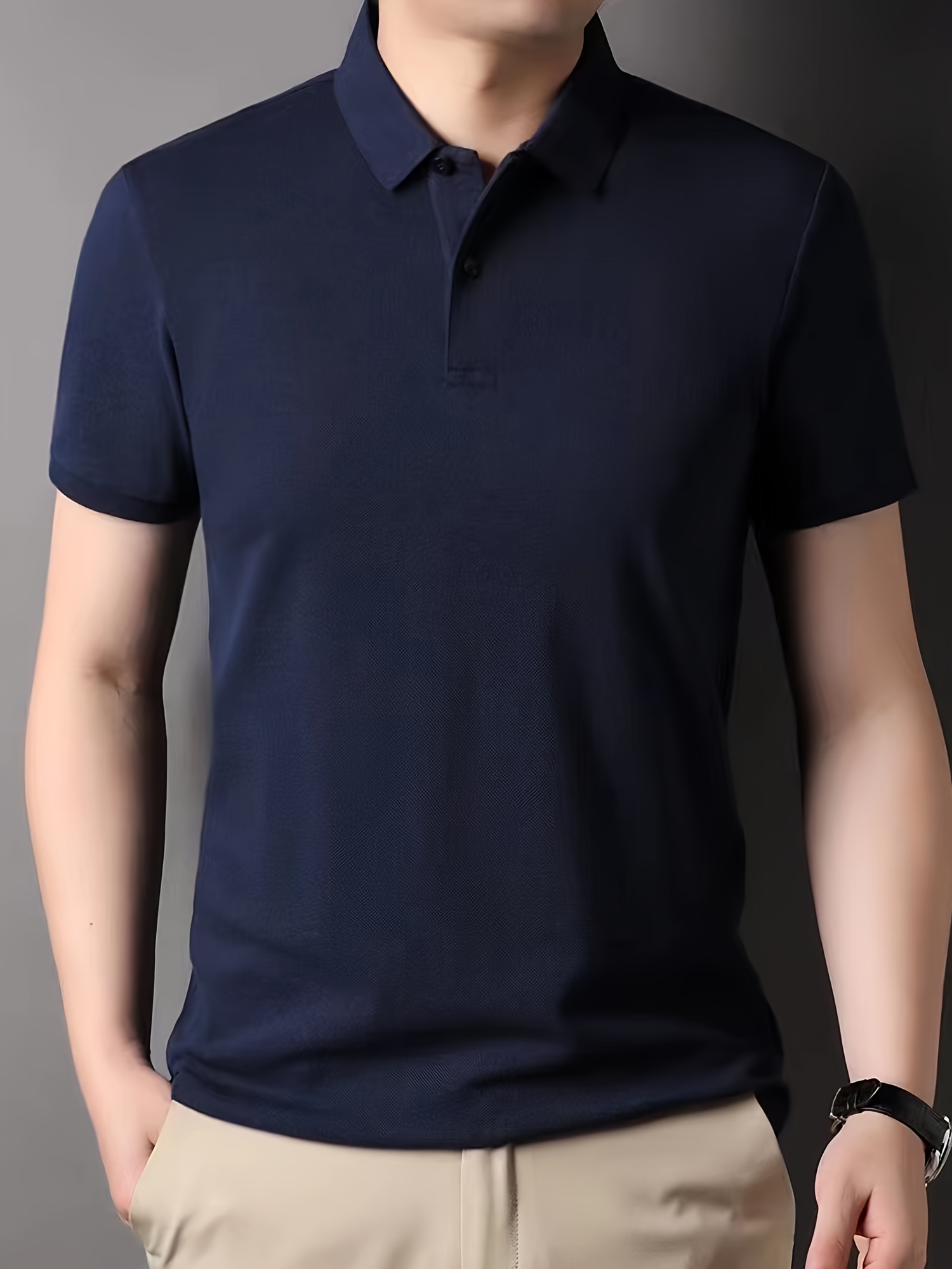 solid casual mens slim fit cotton comfy short sleeve lapel golf shirt summer mens clothing details 14