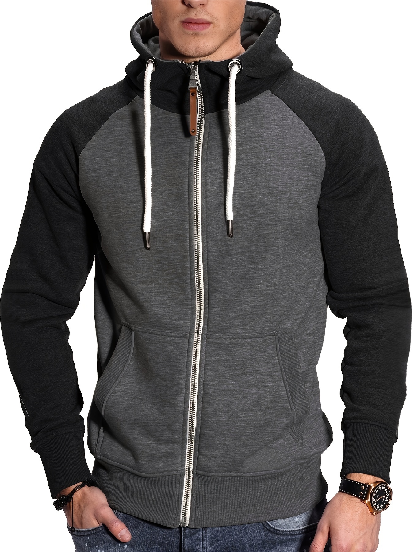 mens casual zip up hoodie color block hooded jacket for sports details 5