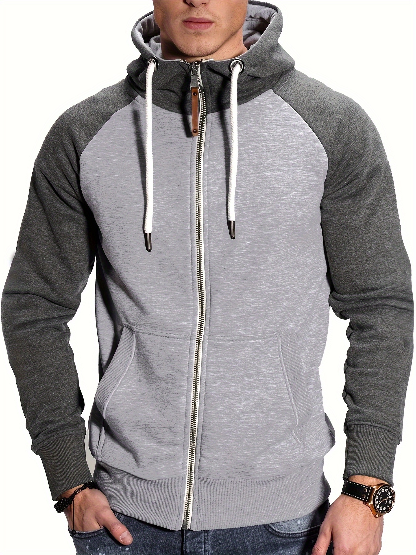 mens casual zip up hoodie color block hooded jacket for sports details 12