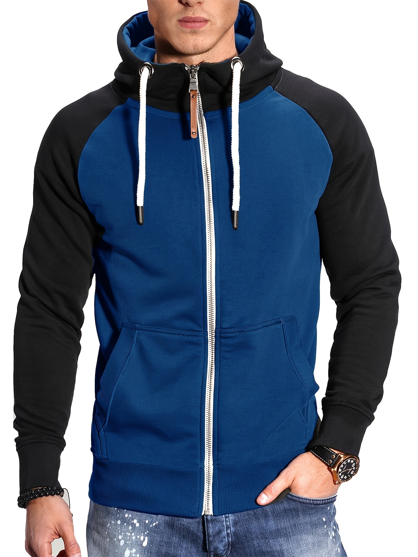 mens casual zip up hoodie color block hooded jacket for sports details 19