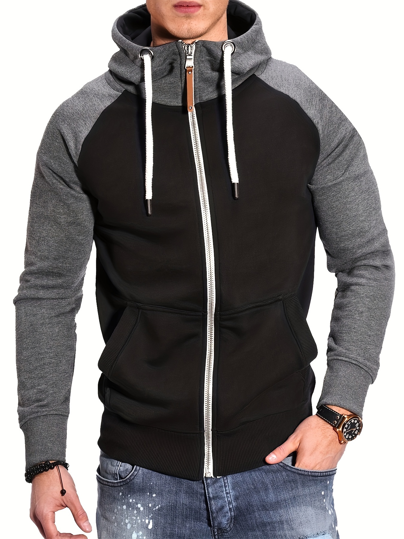 mens casual zip up hoodie color block hooded jacket for sports details 26