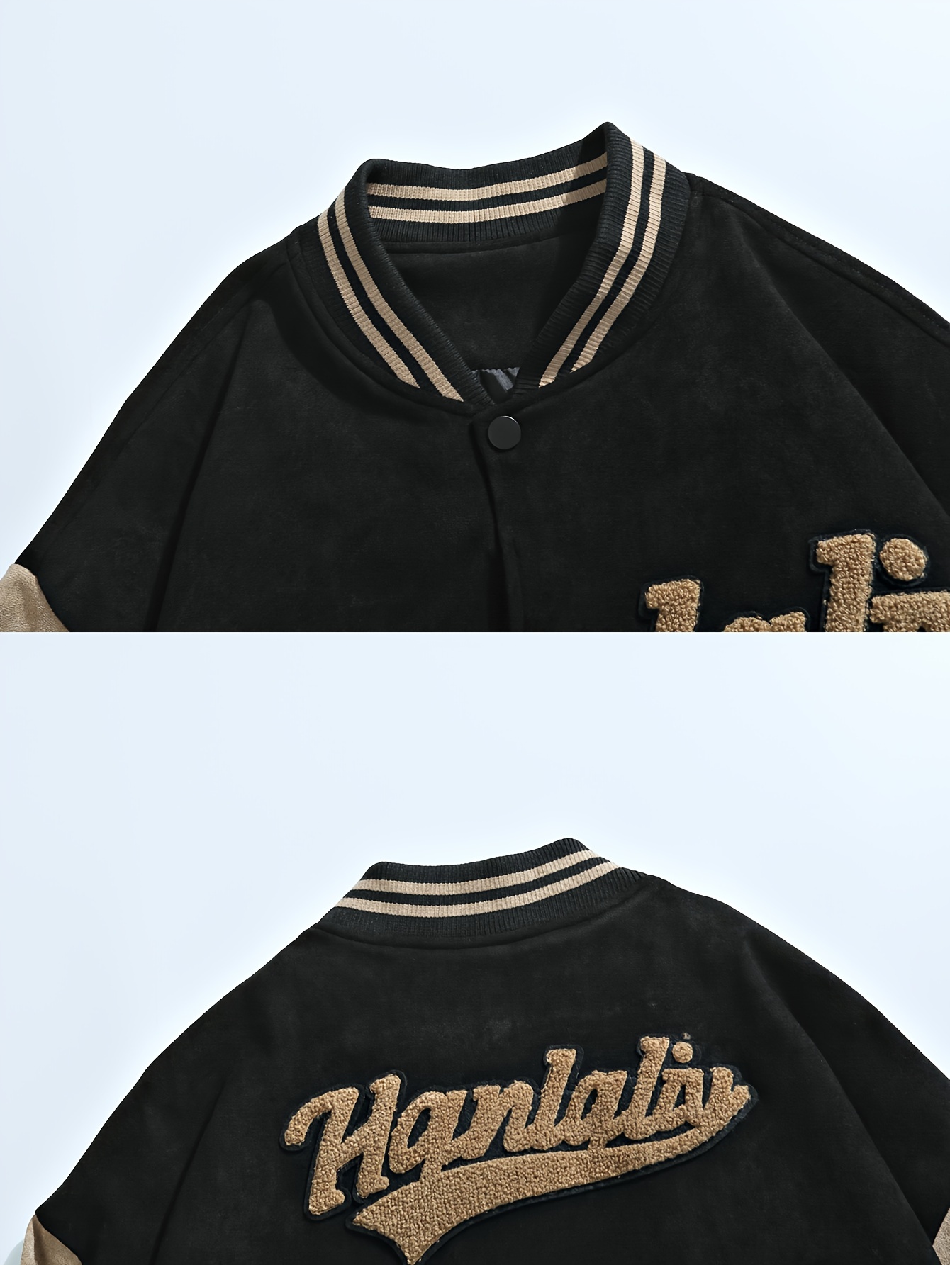 mens casual letter embroidery varsity jacket chic street style baseball collar color block jacket details 2