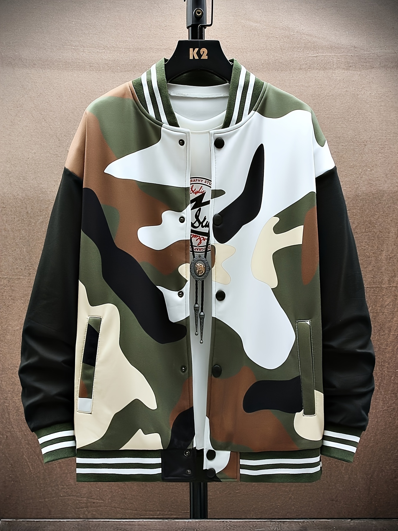 mens trendy camouflage baseball jacket casual slightly stretch breathable button up jacket for outdoor details 4