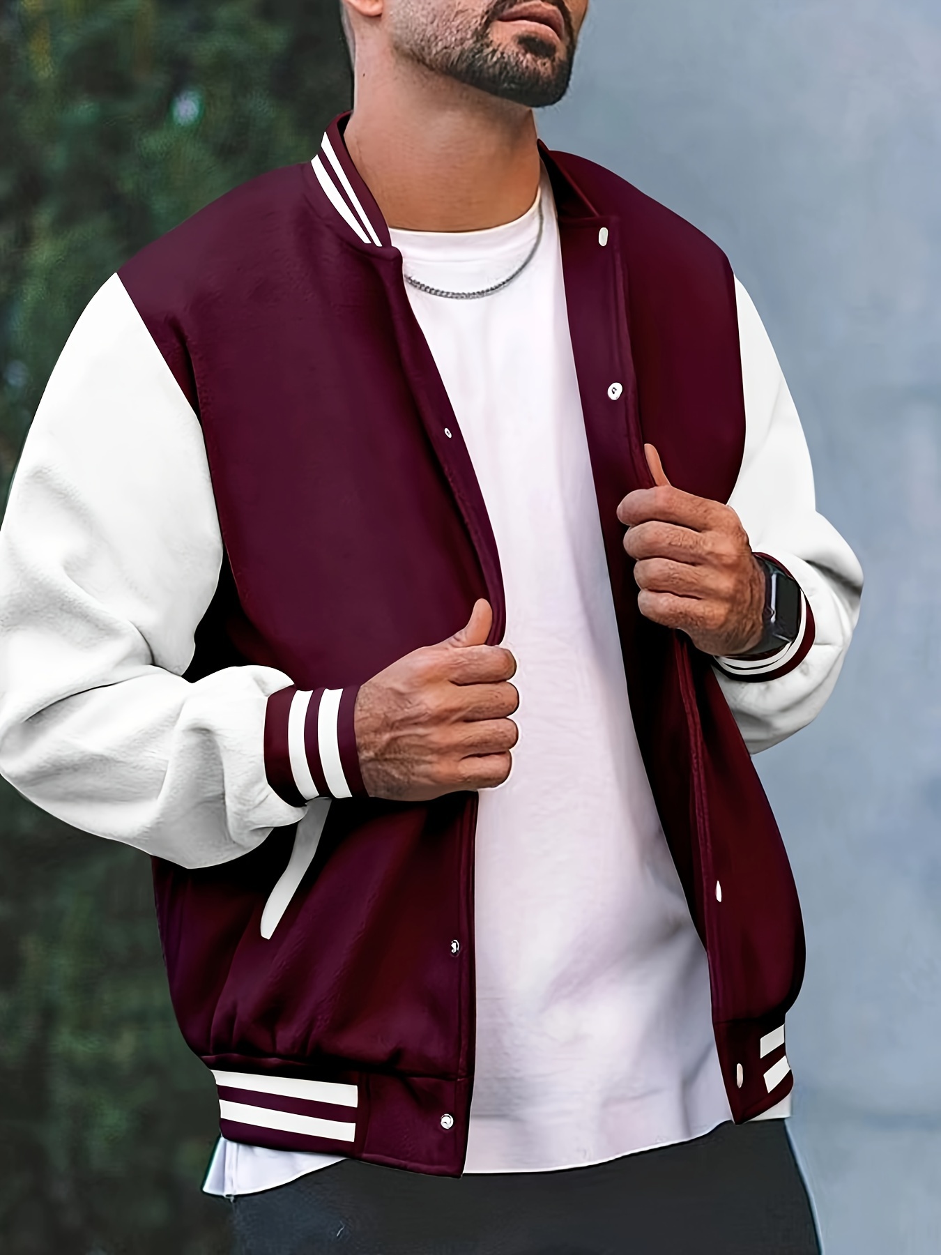 mens causal color block button up varsity jacket chic baseball collar jacket for school details 8