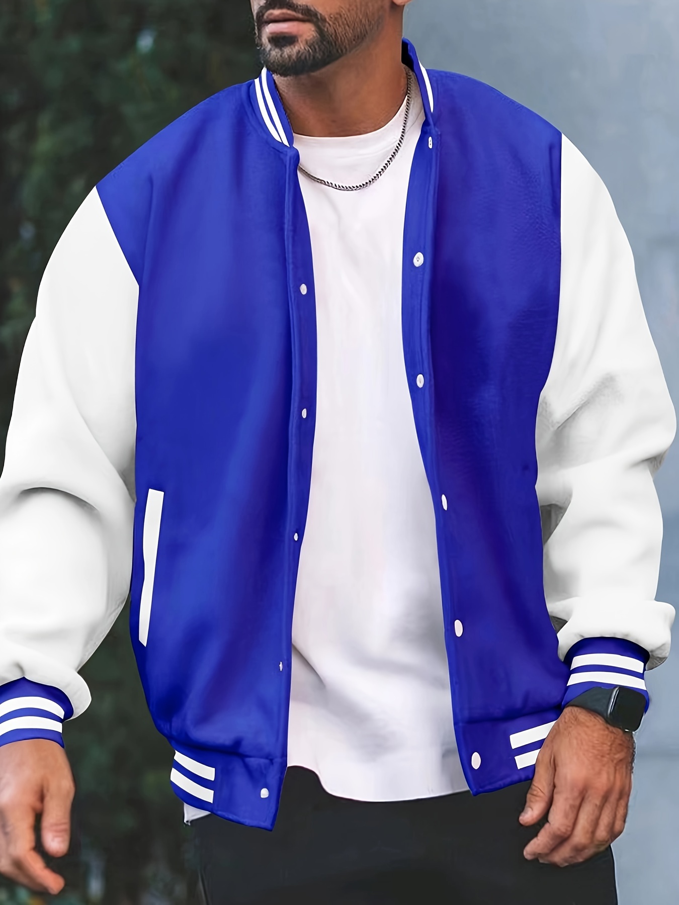 mens causal color block button up varsity jacket chic baseball collar jacket for school details 15