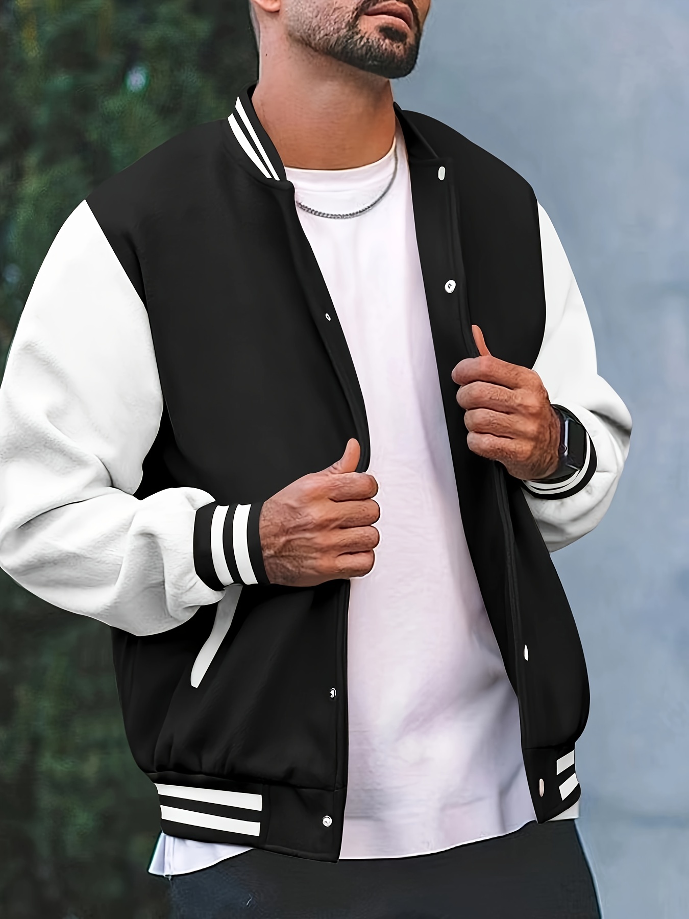 mens causal color block button up varsity jacket chic baseball collar jacket for school details 20