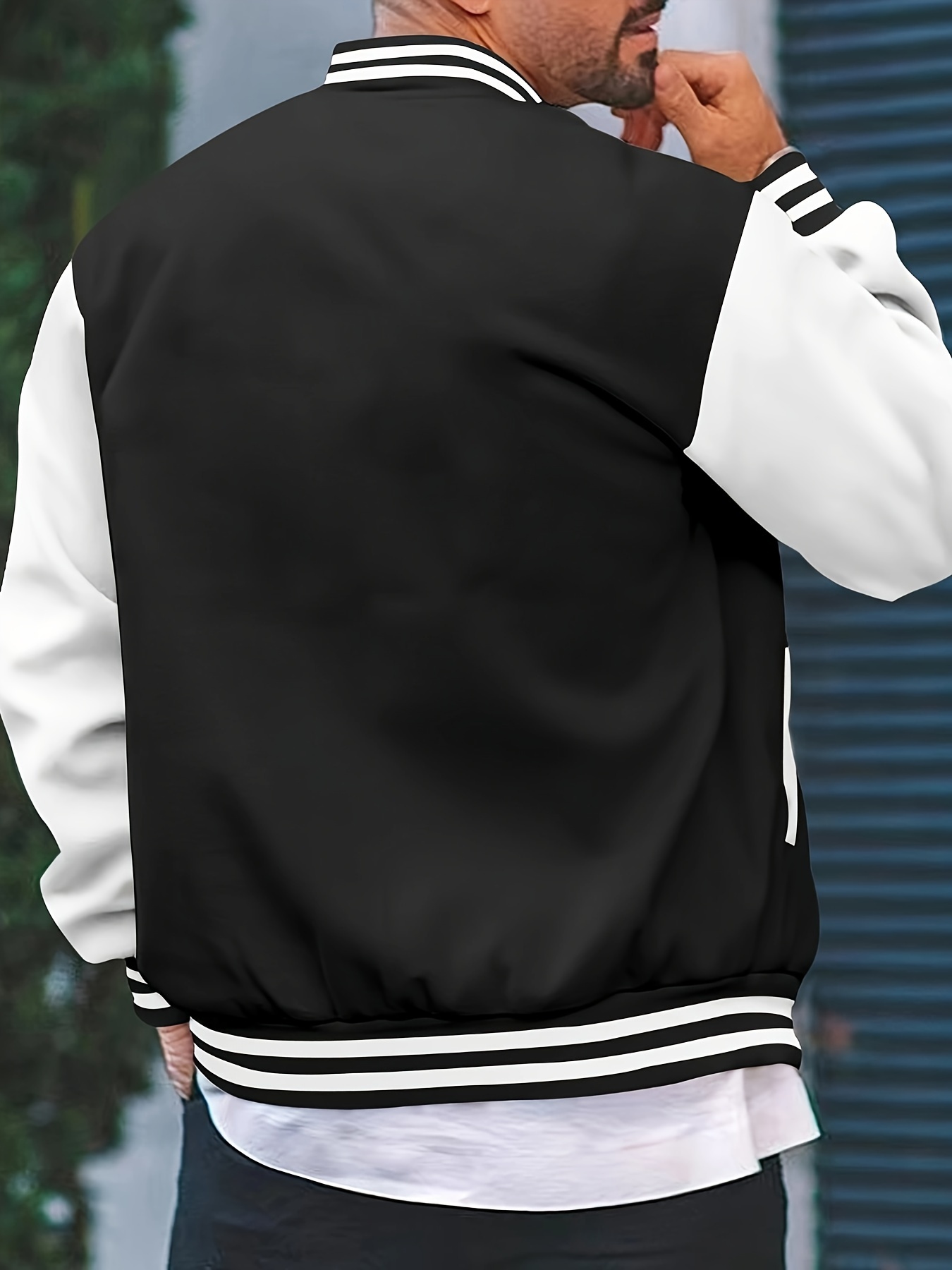 mens causal color block button up varsity jacket chic baseball collar jacket for school details 21