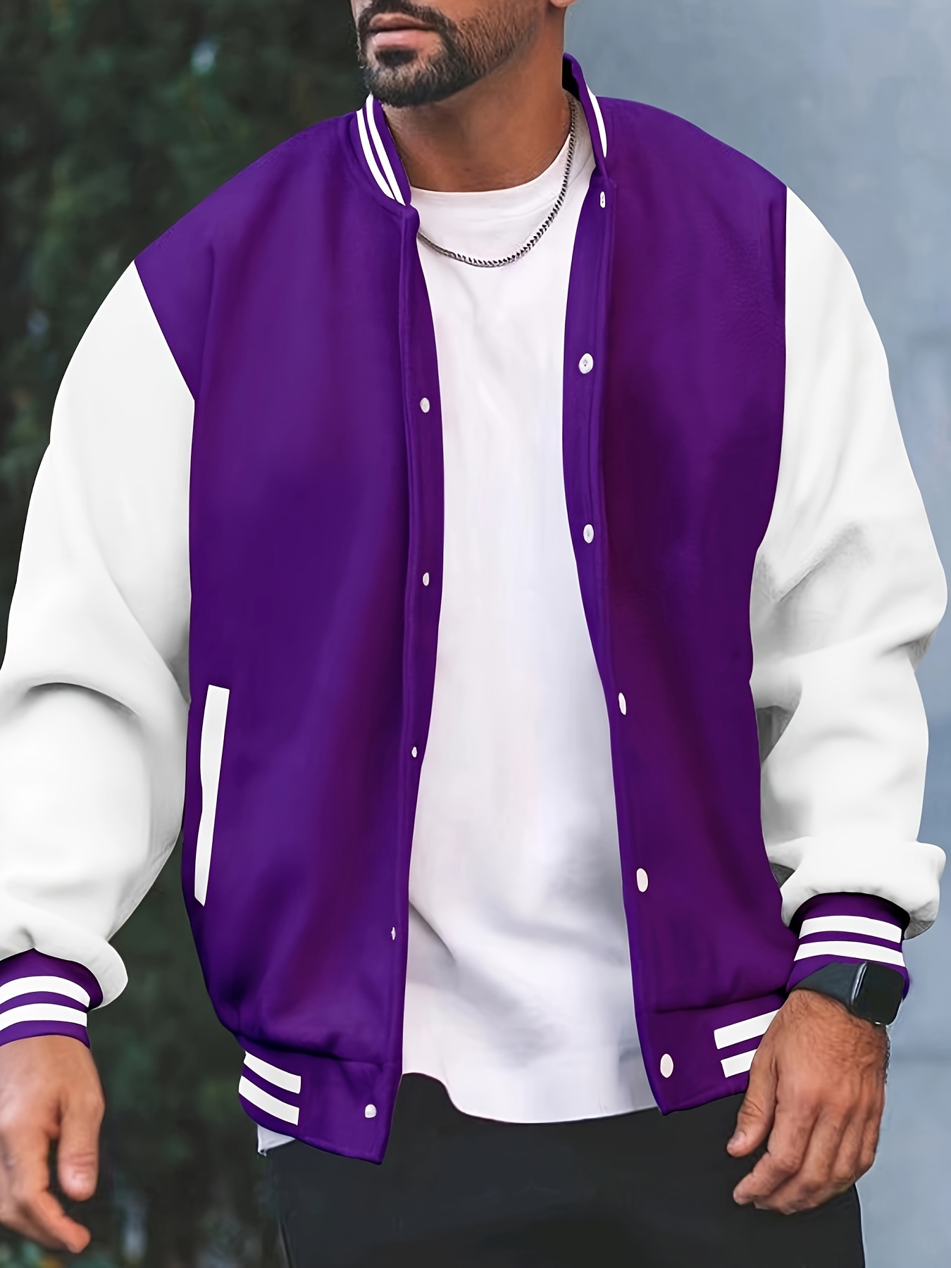 mens causal color block button up varsity jacket chic baseball collar jacket for school details 25