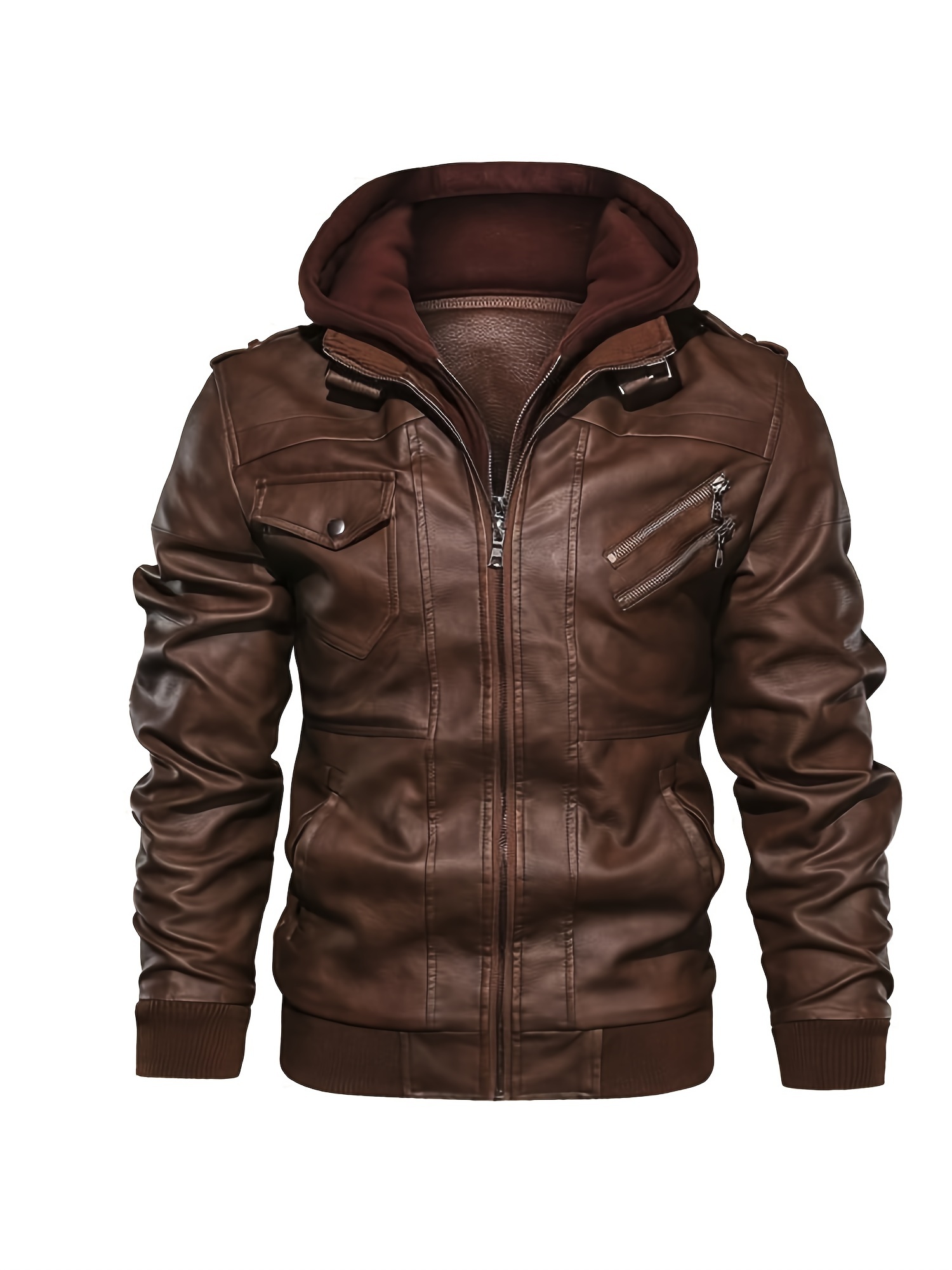 mens casual pu leather jacket chic zip up hooded biker jacket details 0