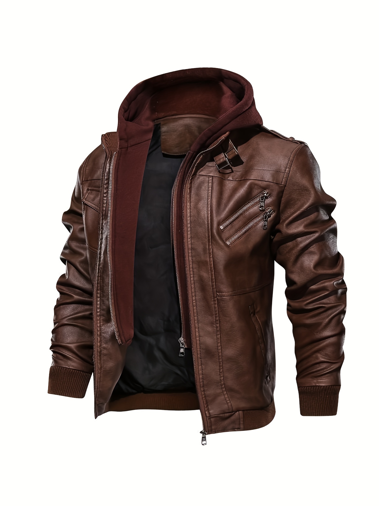 mens casual pu leather jacket chic zip up hooded biker jacket details 6