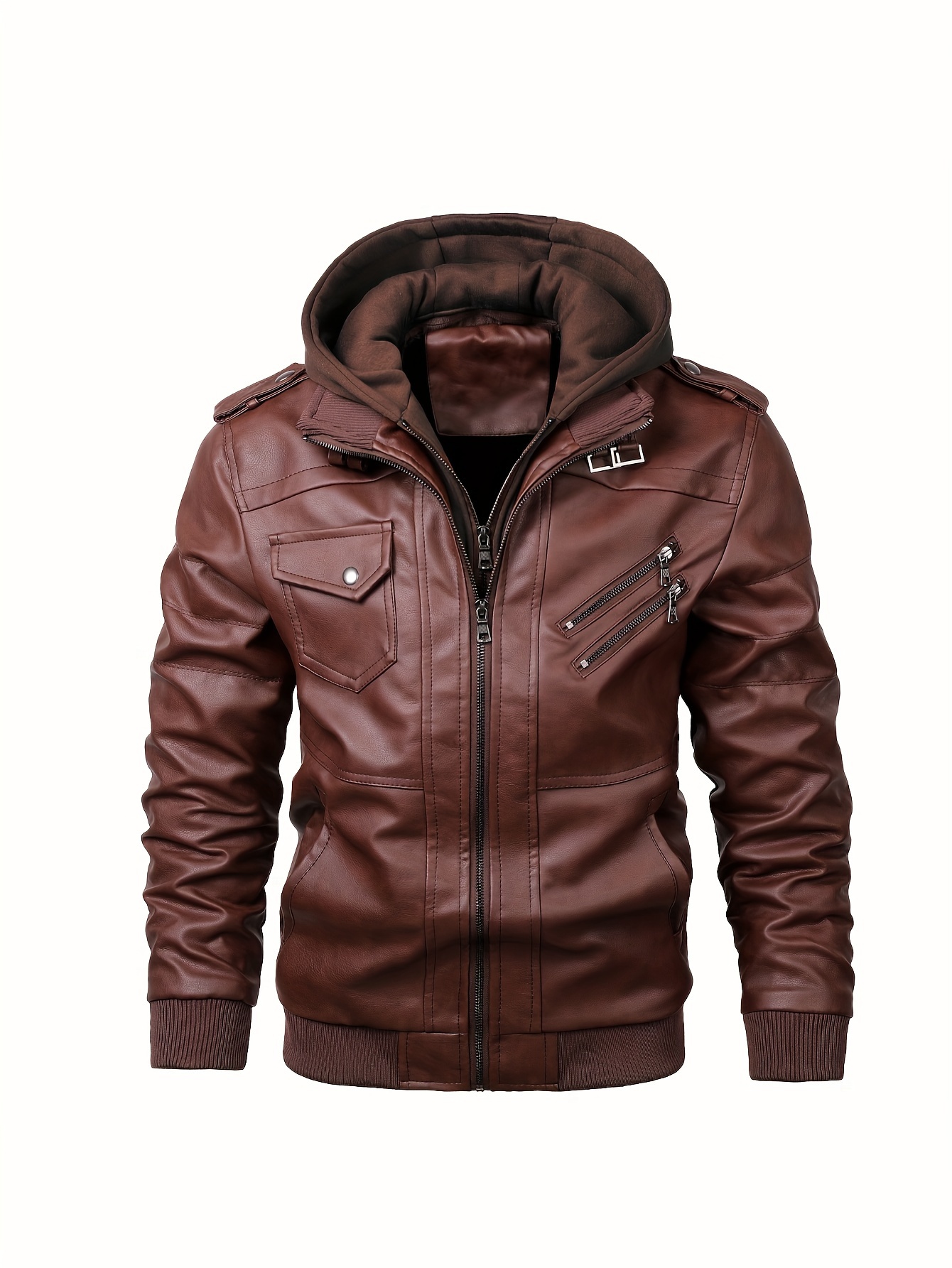 mens casual pu leather jacket chic zip up hooded biker jacket details 8