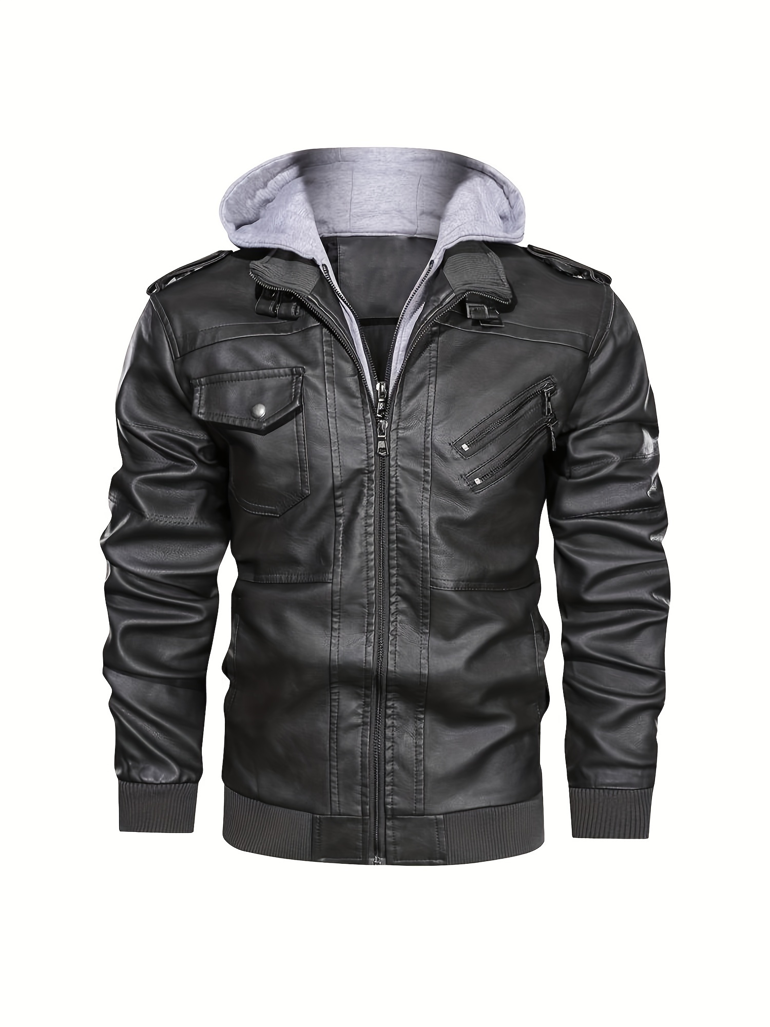 mens casual pu leather jacket chic zip up hooded biker jacket details 26