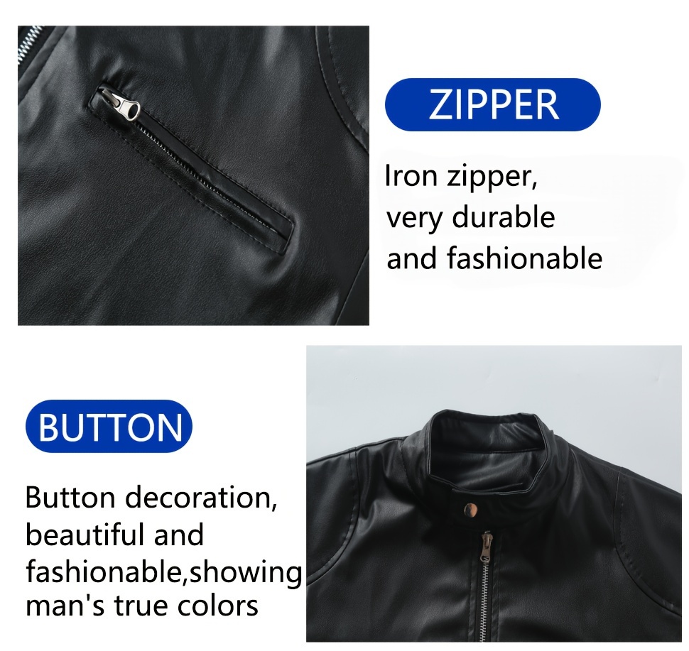 2023 autumn and winter new zipper cardigan pocket pu leather small stand collar motorcyclejacket coat mens coat details 2