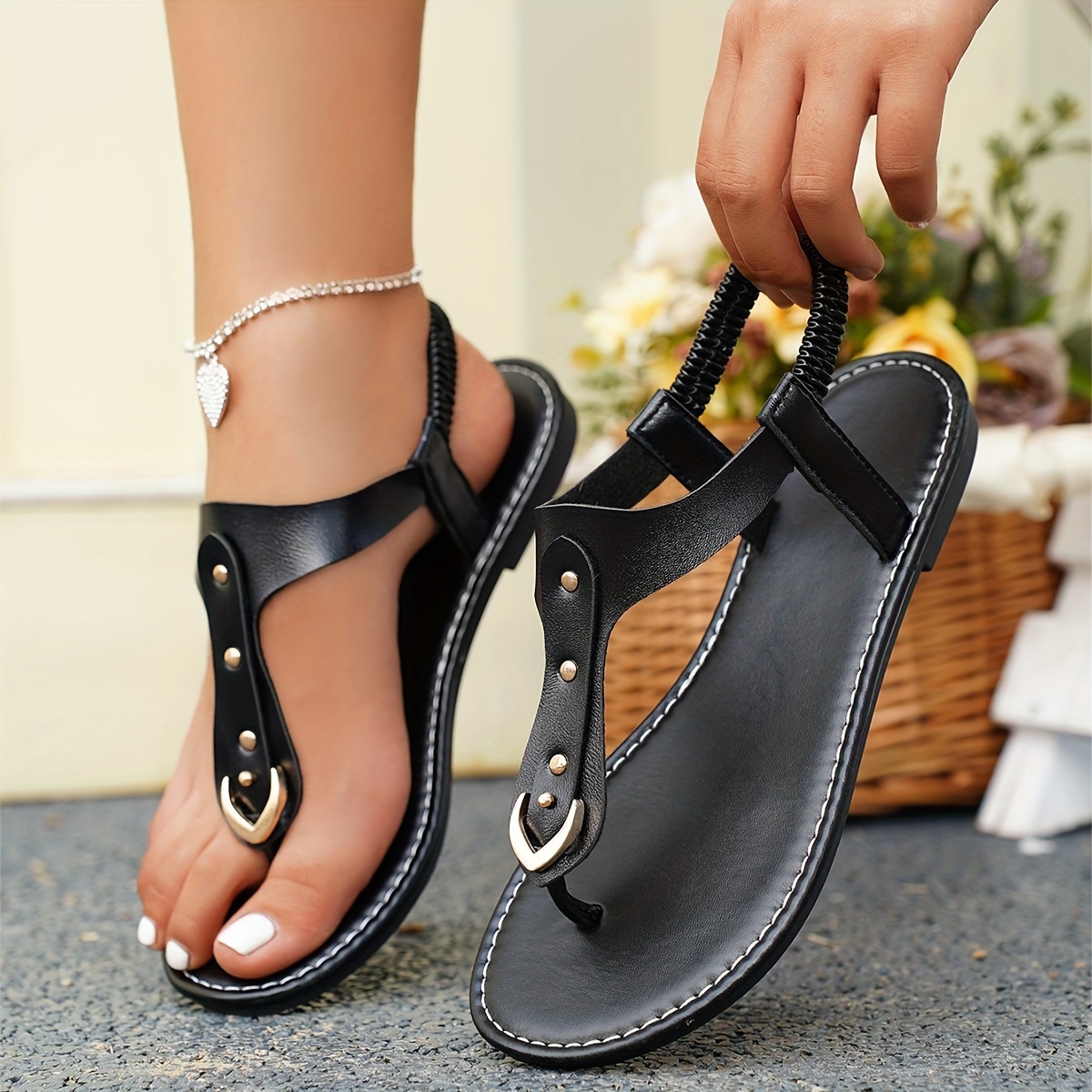 womens solid color thong sandals elastic ankle strap lightweight soft sole shoes non slip summer beach shoes details 1