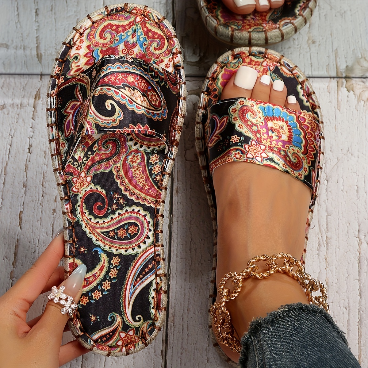 womens trendy ethnic pattern slippers casual open toe non slip linen slide sandals comfortable beach shoes details 1