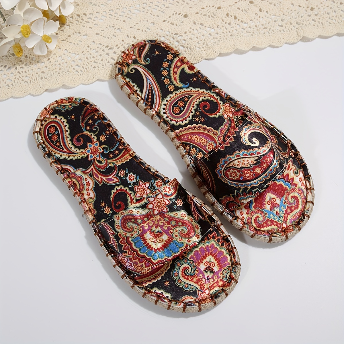 womens trendy ethnic pattern slippers casual open toe non slip linen slide sandals comfortable beach shoes details 2