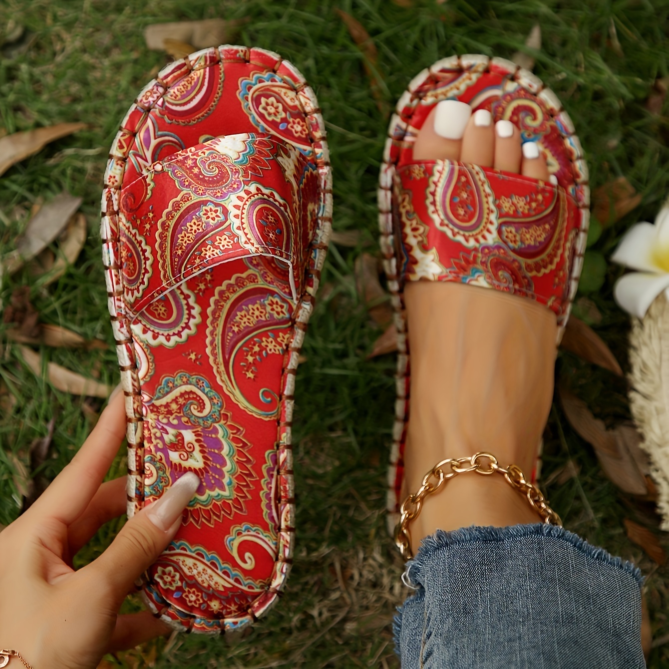 womens trendy ethnic pattern slippers casual open toe non slip linen slide sandals comfortable beach shoes details 9