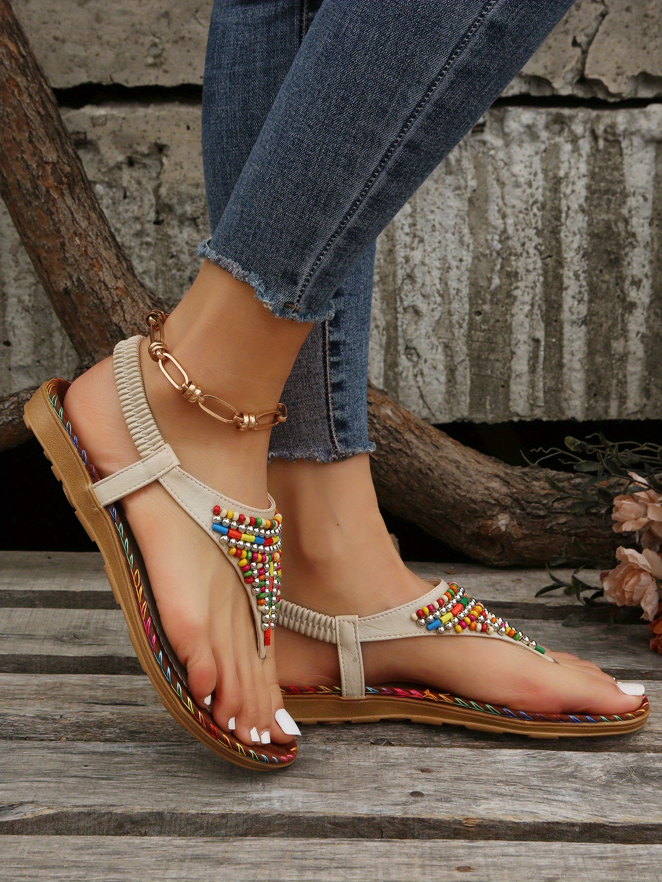 boho style flat thong sandals colorful beads elastic strap slip on shoes womens casual sandals details 3