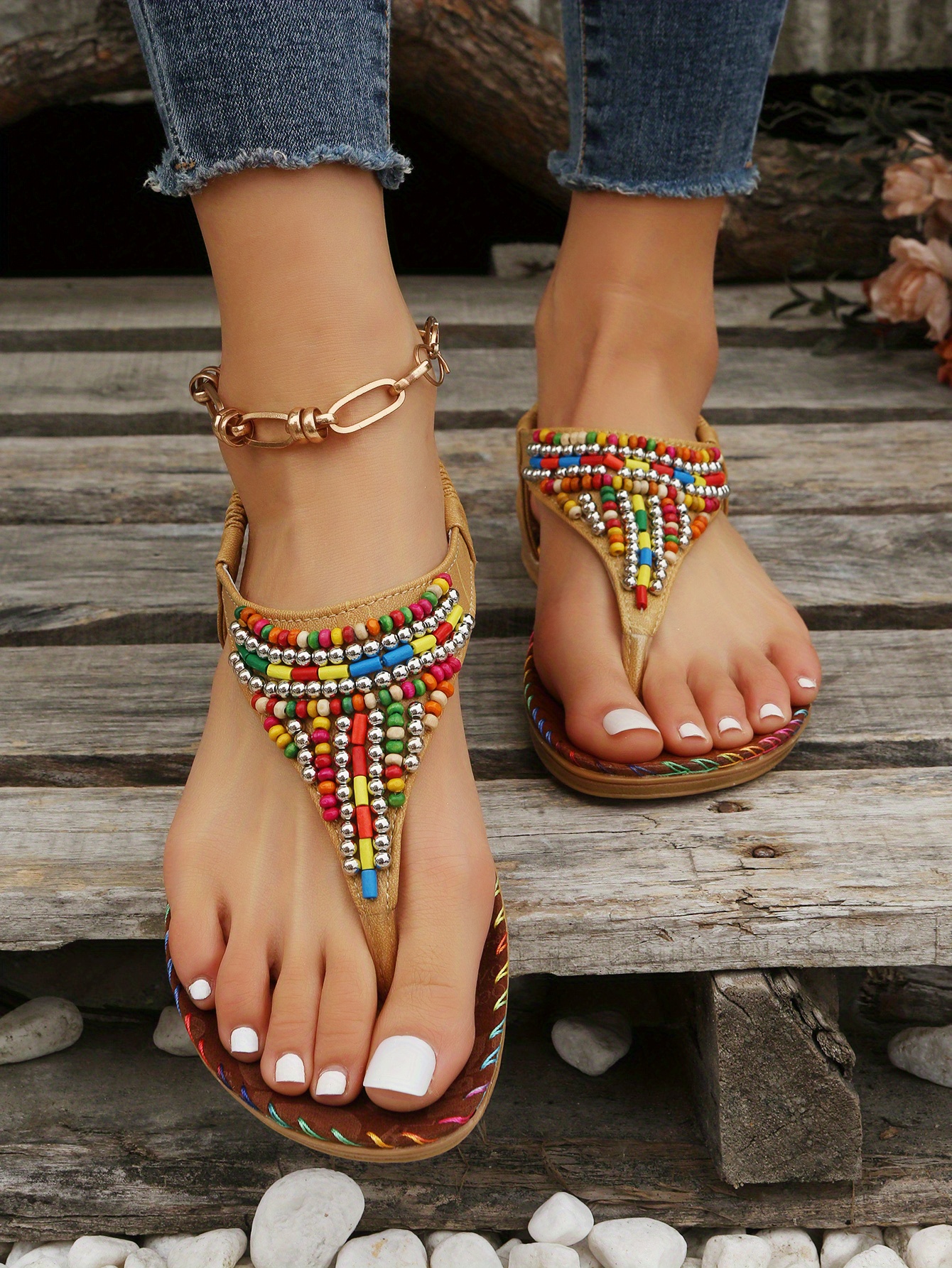 boho style flat thong sandals colorful beads elastic strap slip on shoes womens casual sandals details 5